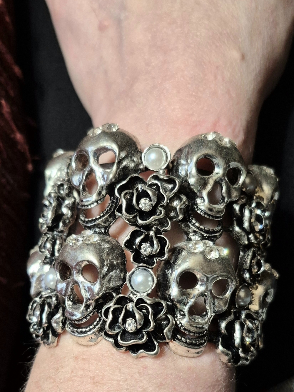 Silver Skull & Flower Cuff Bracelet W/ Faux Pearls, Rhinestones